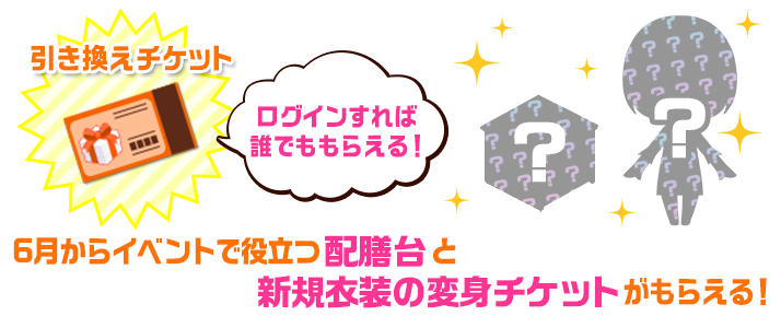 ログインすれば誰でももらえる「引き換えチケット」で６月からのイベントで役立つ配膳台や新規衣装の変身チケットがもらえる！