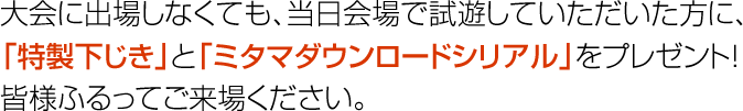 大会に出場しなくても、当日会場で試遊していただいた方に、
            「特製下じき」と「ミタマダウンロードシリアル」をプレゼント！皆様ふるってご来場ください。